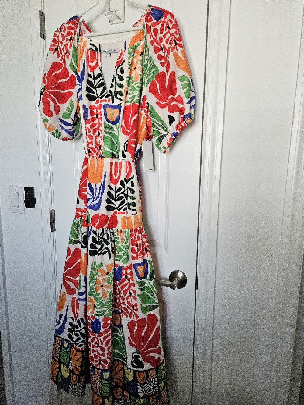 NWT Julia Jordan Women's Printed V-Neck Puff-Sleeve Midi Dress Size Large $129